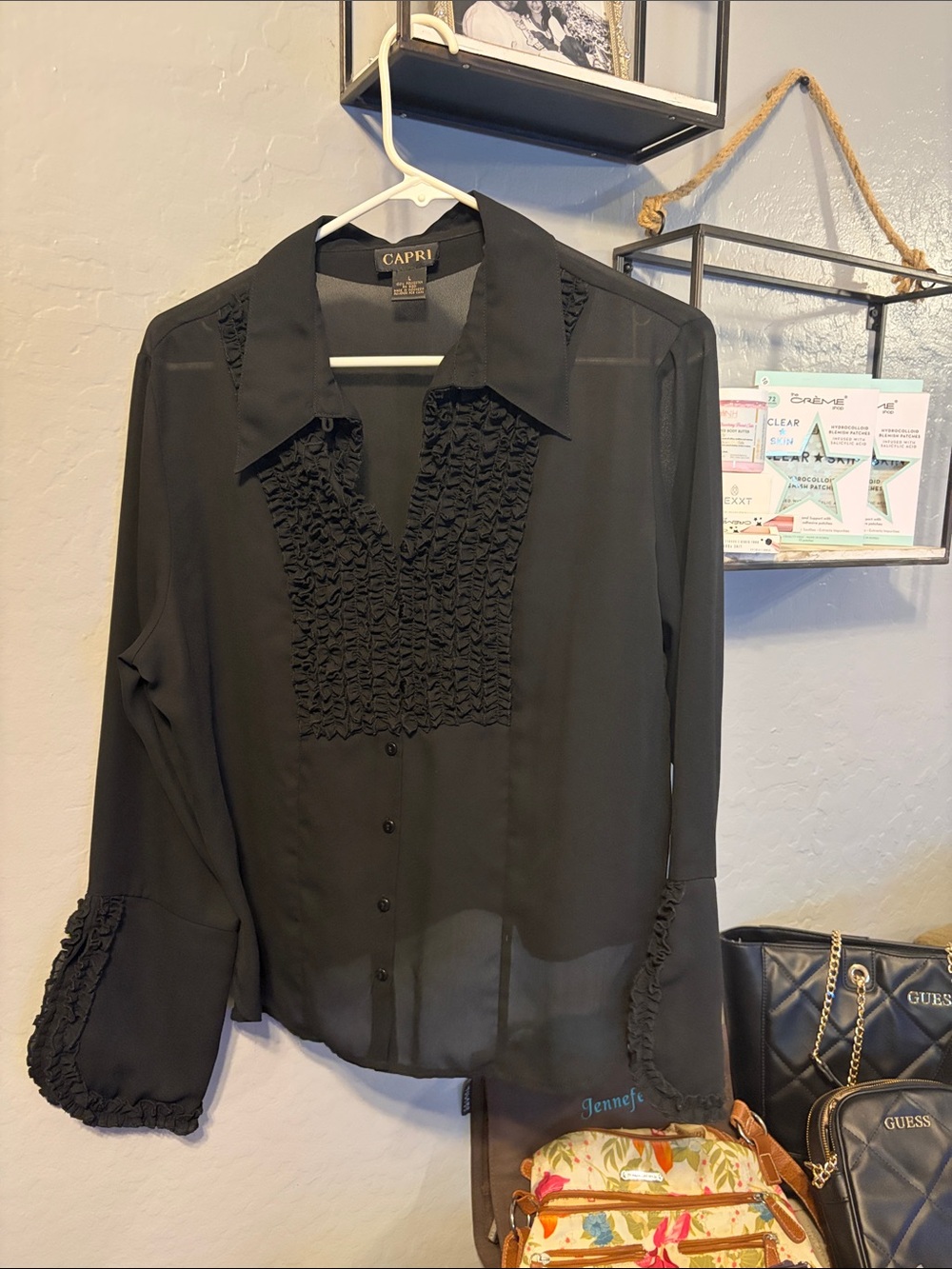 Capri Black Ruffled Front Long-Sleeve Blouse Nigel Curtis 750 dupe